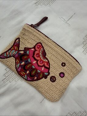 Vera Bradley Woven Straw Fish Appliqué Wristlet Pouch - Pink Accents